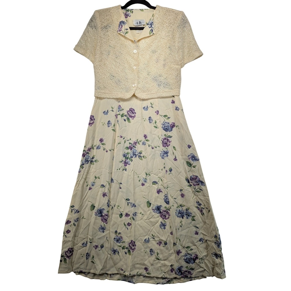 Vintage Los Angeles Gal 90s Floral Maxi Dress & Knit Jacket 2pc Set Cream Size 8